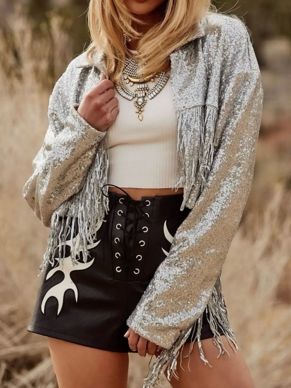 12th Tribe Star Crossed Silver Sequin Fringe Jacket NWT S/M Western - Picture 7 of 8